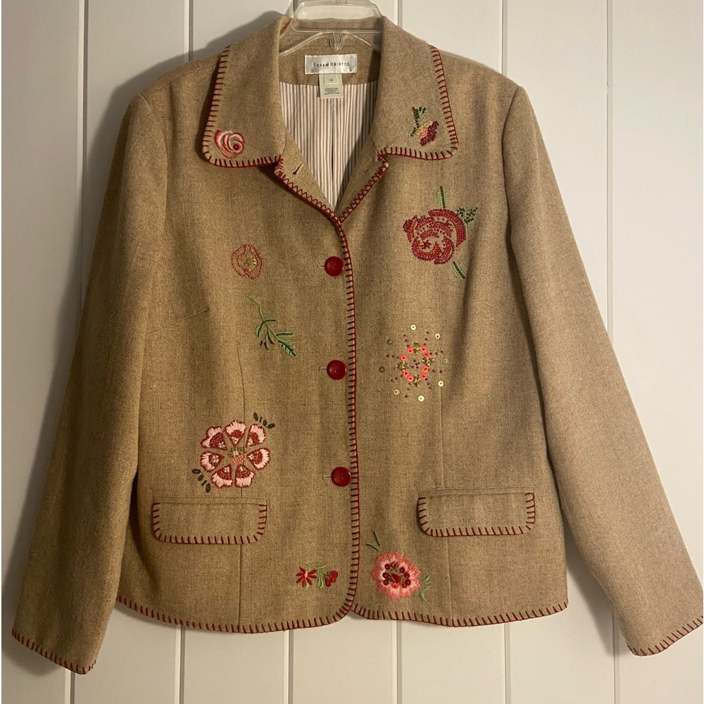 Vintage Blazer women 16 tan dressy Jacket Susan Bristol Floral Embroidery Beaded